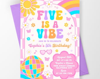 Five Is A Vibe Birthday Invitation, Groovy 5th Birthday Invite, Daisy Rainbow Sunshine Party Invitation Template BN034