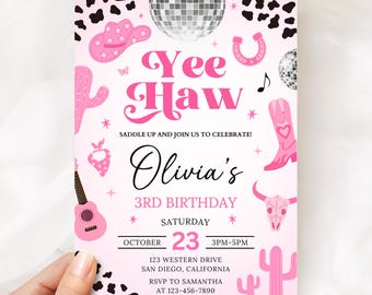 Space Cowgirl Birthday Invitation, Pink Cowgirl Disco Rodeo Invite Template BN030