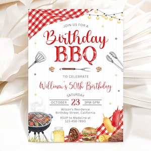 May include: A red and white checked birthday BBQ invitation with a white background. The invitation features the text "Join us for a Birthday BBQ" in red and black lettering. The invitation also includes the text "To celebrate William's 50th Birthday" in black lettering. The invitation includes the date and time of the event, as well as the location and RSVP information.