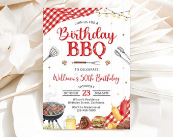 BBQ Birthday Invitation, Barbecue Birthday Invitation, BBQ Grill Party Invite, 5x7 Invites