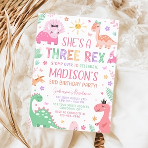 Dinosaur Birthday Invitation, Three Rex Birthday Girl Invite, Pastel Dinosaur Party Invitation Template BN013 image 4