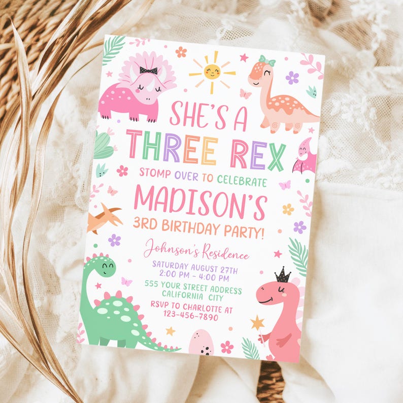 Dinosaur Birthday Invitation, Three Rex Birthday Girl Invite, Pastel Dinosaur Party Invitation Template BN013 image 4