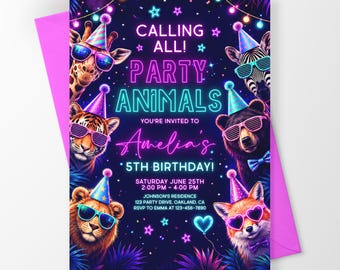 Feestelijke dieren verjaardagskaart, neonkleurige, leuke dierenthema feestuitnodiging sjabloon BN029