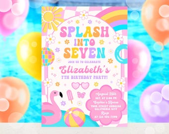 Bewerkbare Splash Into Seven Pool Party-uitnodiging, Groovy 7e verjaardag uitnodigen, flamingo Daisy Rainbow Sunshine-feestuitnodiging, uitnodiging 5 x 7 nodigt