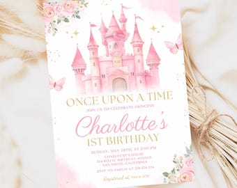 Er was eens een prinsessenfeest uitnodiging voor de eerste verjaardag, sjabloon voor een prinsessenfeest uitnodiging BN026