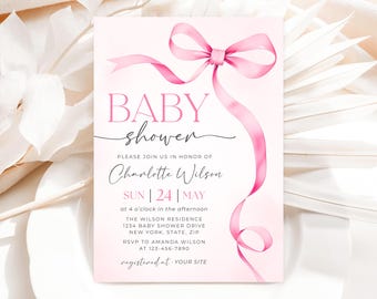 Pink Bow Baby Shower Invitation, Coquette Pink Bow Baby Shower Invite, Pink Girl Ribbon Baby Shower Invitation, 5x7 Invites
