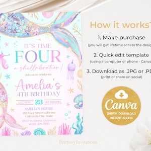 Puede incluir: Una invitaci&oacute;n digital de cumplea&ntilde;os con tem&aacute;tica de sirenas con el texto "IT'S TIME FOUR a shellabration!" y "Amelia's 4th Birthday." El dise&ntilde;o presenta colas de sirena, caballitos de mar y conchas en colores pastel.