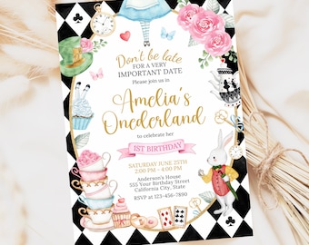 Uitnodiging voor een Alice in Wonderland-verjaardag, eerste verjaardag van een Onederland-meisje, speels theekransje-sjabloon BN017