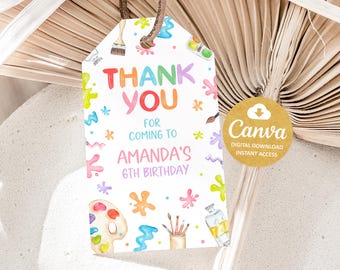 Etichetta modificabile per bomboniere di compleanno, etichetta regalo per festa di pittura artistica, etichetta di ringraziamento stampabile per festa di compleanno, bomboniere per feste di compleanno, modello Canva