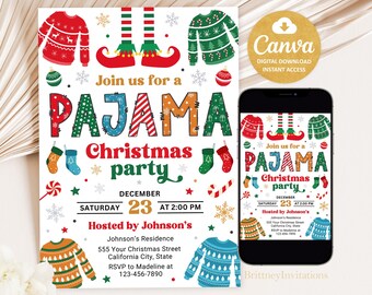 Christmas Pajama Party Invitation, Christmas Party Invitation, Holiday Pajama Party Invite, 5x7 Invites