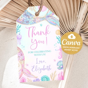Editable Mermaid Birthday Favor Tag, Mermaid Bash Gift Tag, Printable Mermaid Under The Sea Thank You Tag, Birthday Favors, Canva Template