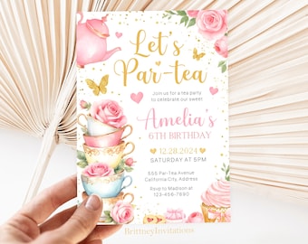 Editable Tea Party Birthday Invitation, Par-tea Invitation, Girl Par-tea Invite, Pink Gold Whimsical Tea Party, 5x7 Invites