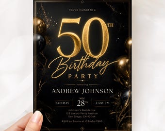 50th Birthday Invitation, Black Gold Elegant Men’s Milestone Party Invite Template BN057