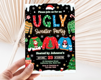 May include: A black and white invitation for an Ugly Sweater Party hosted by Johnson's. The invitation features a festive design with colorful sweaters, a Santa Claus, a penguin, and a Christmas tree. The party is scheduled for Saturday, December 23rd at 2:00 PM. The address is 22 Christmas Street, California City, State 222. RSVP to Charlotte at 123-456-7890.