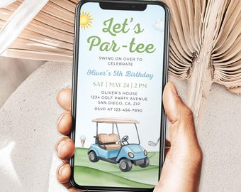 Digitale golfverjaardagsuitnodiging, Let's Par-Tee Golf elke leeftijd verjaardagsuitnodiging, elektronische telefoon tekst golfuitnodiging