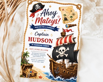 Pirate Birthday Invitation, Ahoy Mateys Pirate Birthday Invite Template BN025