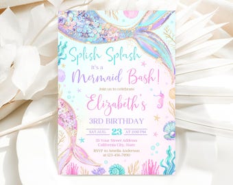 May include: A pink and blue mermaid-themed birthday party invitation with a mermaid tail, seashells, and the text "Splish Splash It's a Mermaid Bash! Join us to celebrate Elizabeth's 3rd Birthday".