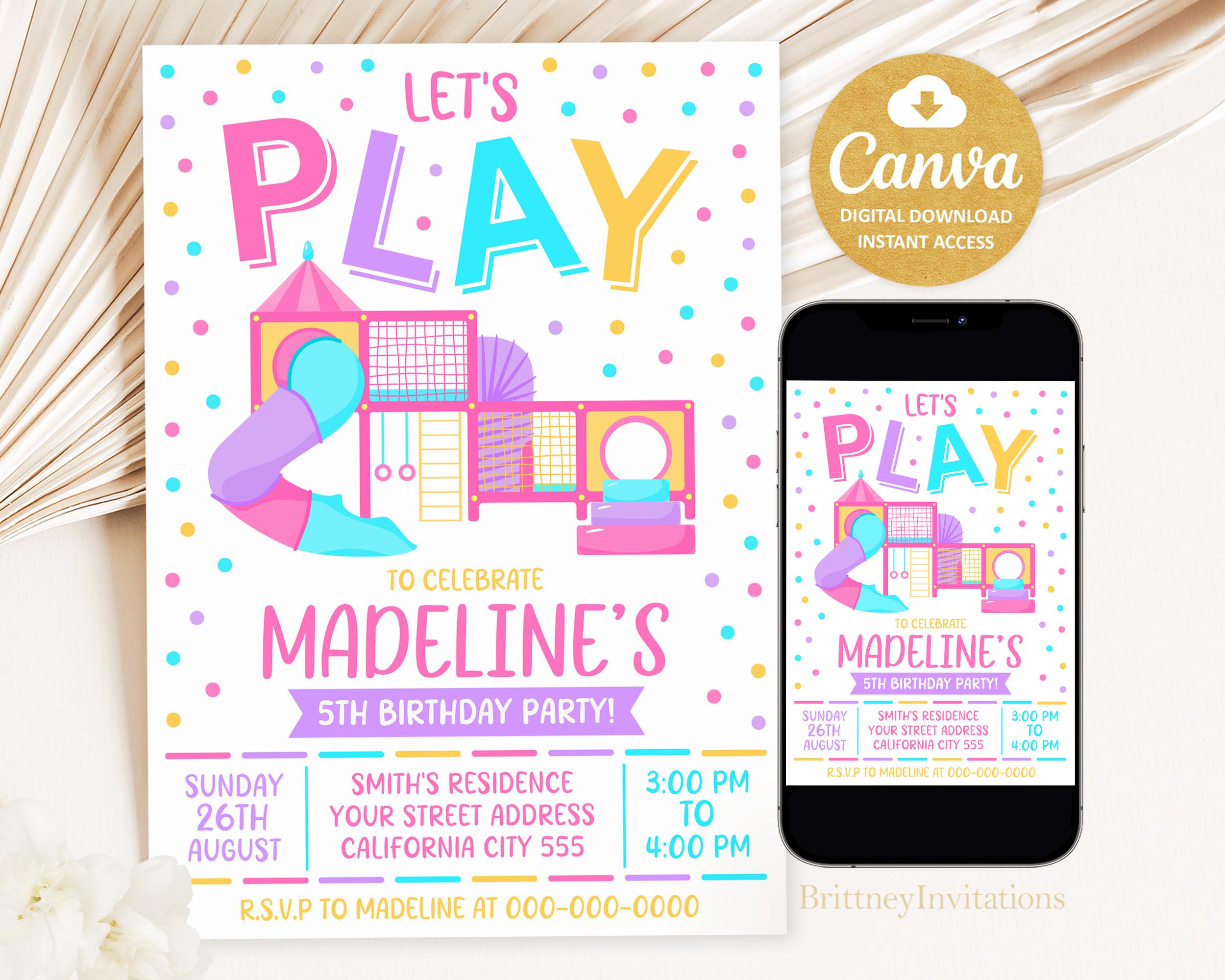 Faire-part d'anniversaire modifiable pour aire de jeux, invitation à une fête de la salle de sport dans la jungle, faire-part d'intérieur rebond pour aire de jeux, invitations 5 x 7