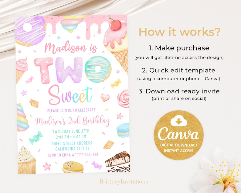 May include: A pink and white birthday invitation with a colorful illustration of a donut, ice cream cone, and cupcakes. The text on the invitation reads "Madison is Two Sweet" and includes details for a birthday party. The invitation is designed to be edited using Canva.