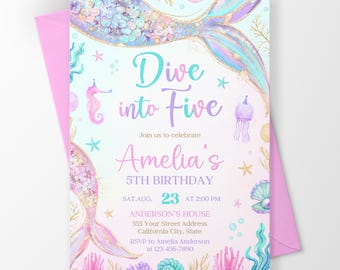 Dive into Five Mermaid 5th Birthday Invitation, Mermaid Bash Under The Sea Birthday Invite Template BN003