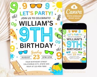 Boy 9th Birthday Invitation, Summer 9th Birthday Invitation, Pool Party Invitation, 5x7 Invites