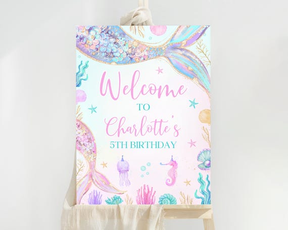 Editable Mermaid Birthday Welcome Sign, Mermaid Bash Party Welcome Sign, Mermaid Under The Sea Sign Template, Birthday Welcome Poster