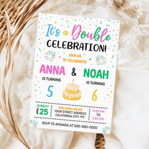 May include: A rectangular birthday invitation card with white background, colorful confetti, and fireworks graphics. Text reads: It's a Double Celebration! Anna & Noah is turning 5 and 6. Includes event details for Sunday April 25 at Siblings House.