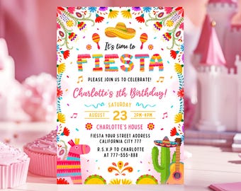 Pode incluir: Um convite de aniversário com tema de festa colorido com um fundo rosa e amarelo brilhante. O convite apresenta uma faixa festiva que diz "É hora de festa!" e inclui o texto "O 8º aniversário de Charlotte!" com uma data e hora. O convite é decorado com flores, confete e notas musicais.