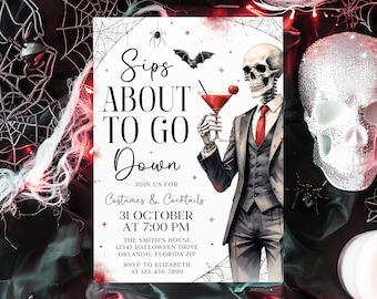 Uitnodiging voor een Halloweenfeest voor volwassenen, uitnodiging met skeletthema en de tekst "Sips About to Go Down", sjabloon voor een uitnodiging met cocktails en kostuums BN048