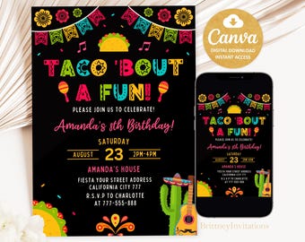 Taco 'Bout A Party Invitation, Fiesta Birthday Invitation, Cactus Invite, 5x7 Invites