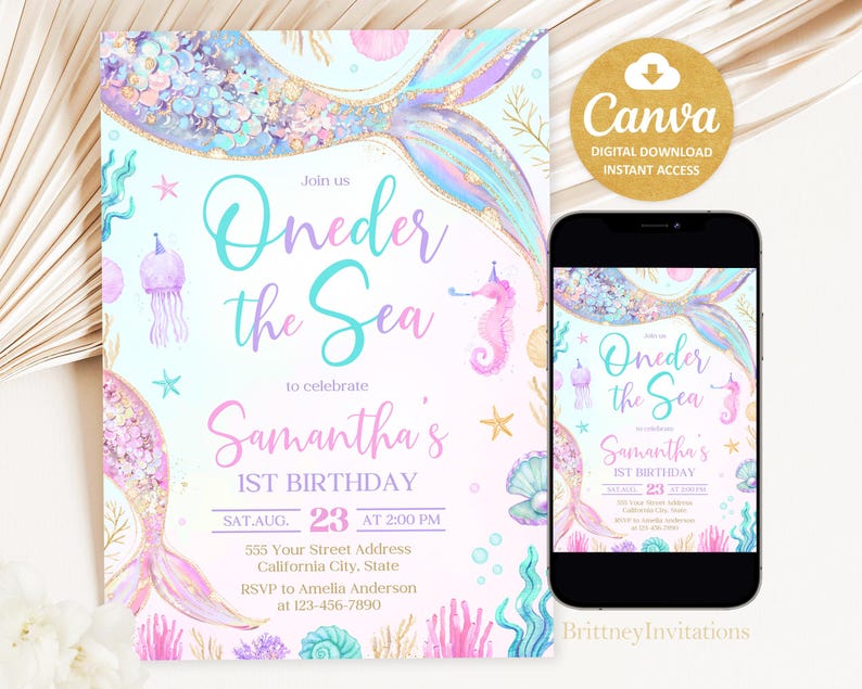 May include: A digital invitation for a first birthday party with a mermaid theme. The invitation features a mermaid tail with iridescent scales and a pink and purple color scheme. The text on the invitation reads "Oneder the Sea" and "Samantha's 1st Birthday".