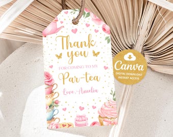 May include: Pink and gold thank you tag with a tea party theme. The tag features a teapot, teacups, cupcakes, and butterflies. The text reads "Thank you for coming to my Par-tea Love, Amelia".