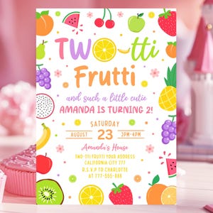 Two-tti Frutti Birthday Invitation, Editable Two-tti Frutti Invitation, 2nd Birthday Girl Invitation, 5x7 Invites