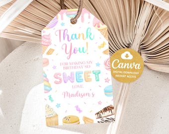 Editable Sweets Birthday Favor Tag, Dessert Gift Tag, Printable Candy Sweets Donut Thank You Tag, Birthday Party Favors, Canva Template
