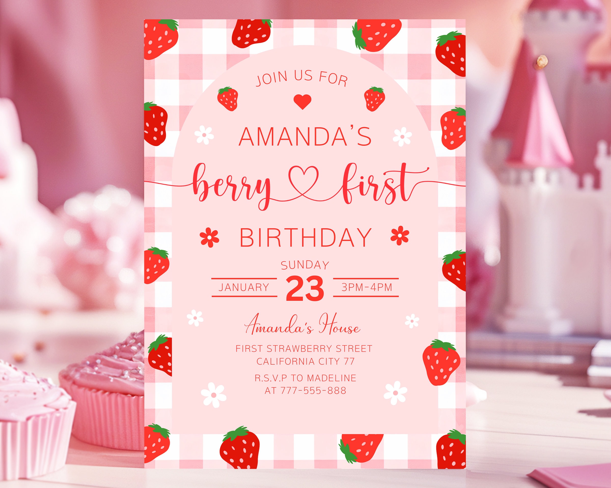 Berry First Birthday Invitation, Berry First Invitation, Strawberry 1st Birthday Invite, Girl First Birthday Invitation, 5x7 Invites