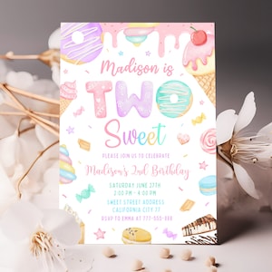 May include: A pink and purple birthday invitation with the text "Madison is Two Sweet" and a colorful illustration of sweets and desserts. The invitation includes details for a birthday party on Saturday, June 27th from 2:00 PM to 4:00 PM. The RSVP information is included at the bottom of the invitation.