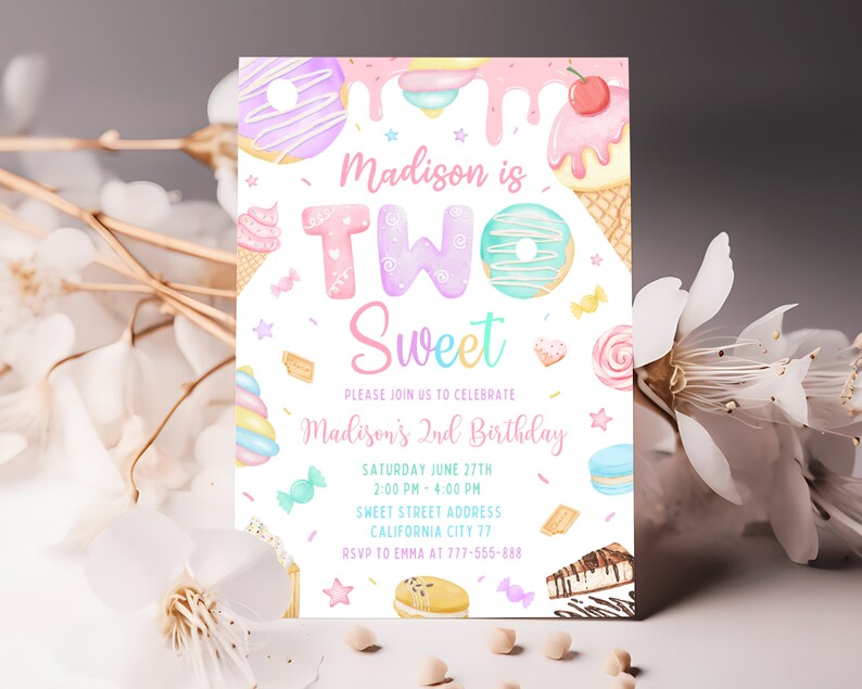May include: A pink and purple birthday invitation with the text "Madison is Two Sweet" and a colorful illustration of sweets and desserts. The invitation includes details for a birthday party on Saturday, June 27th from 2:00 PM to 4:00 PM. The RSVP information is included at the bottom of the invitation.