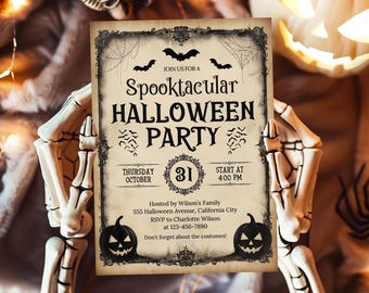 Vintage Halloweenfeestuitnodiging, Halloweenfeestuitnodiging voor volwassenen, printbare Halloweenkostuumfeestuitnodiging, uitnodigingen 5x7 inch
