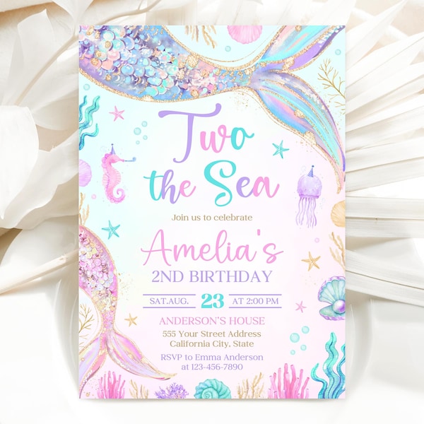 Two the Sea Mermaid 2nd Birthday Invitation, Mermaid Invitation, Mermaid Bash Under The Sea Birthday Invite, 5x7 Invites
