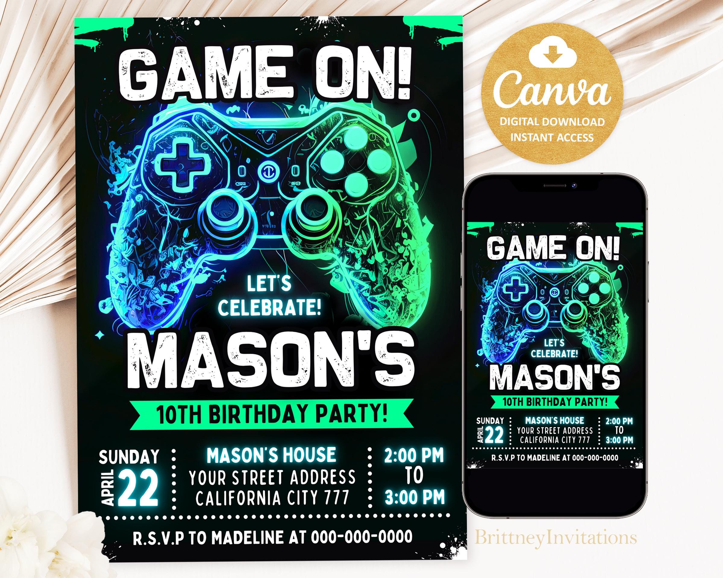 Editable Video Game Birthday Invitation, Video Game Invitation, Neon Game On Level Up Gaming Birthday Party Invites, 5x7 Invitations