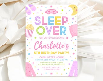 編集可能なパジャマパーティーの誕生日招待状、お泊まり会の招待状、女の子のパジャマパーティーの招待状、5x7 招待状