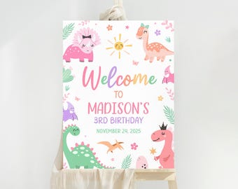 Editable Dinosaur Birthday Welcome Sign, Girl Three Rex Birthday Party Welcome Sign, Dinosaur Sign Template, Birthday Welcome Poster