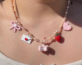 valentines necklace ||handmade polymer clay charms & vintage beads