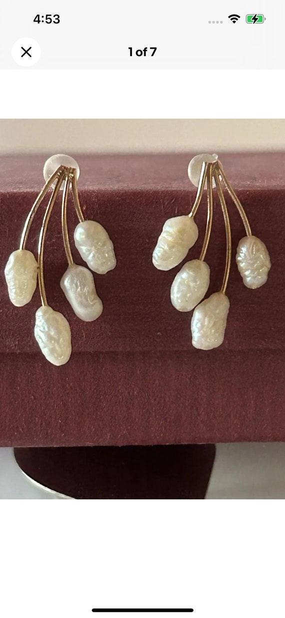 14K Gold Flaired Natural Freshwater Pearl Earrings - image 1