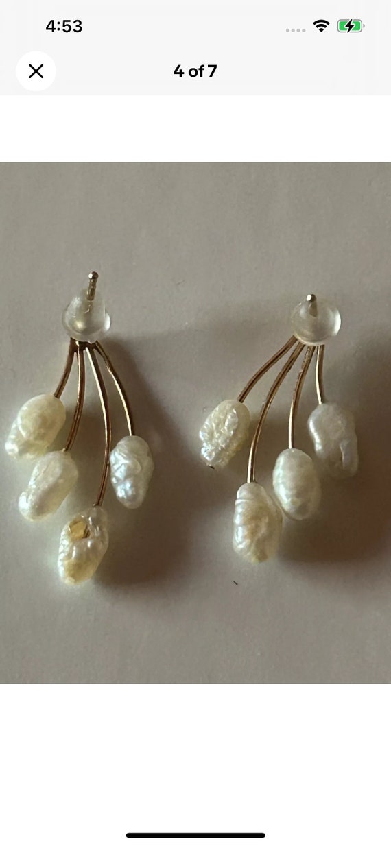 14K Gold Flaired Natural Freshwater Pearl Earrings - image 4