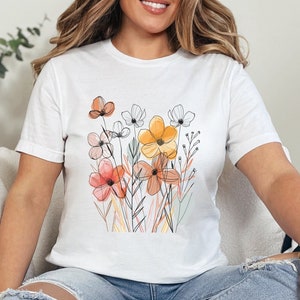 Koszulka z motywem pop-artu z połowy XX wieku z motywem dzikich kwiatów, koszulka z motywem kwiatów, koszulka z motywem natury, kolorowa, modna bluzka