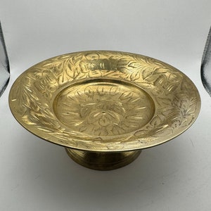 Vintage etched brass pedestal bowl Etched Brass Decor Footed Brass Trinket Dish Footed Brass Bowl boho decor