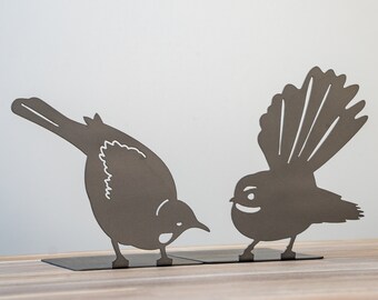 The Tui and the Fantail | Birds of Aotearoa Metal Bookend Set | Bookshelf Display