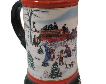 Vintage 1991 Holiday Beer Stein Mug CLYDESDALES  8-Horse Hitch And Wagon Rendere