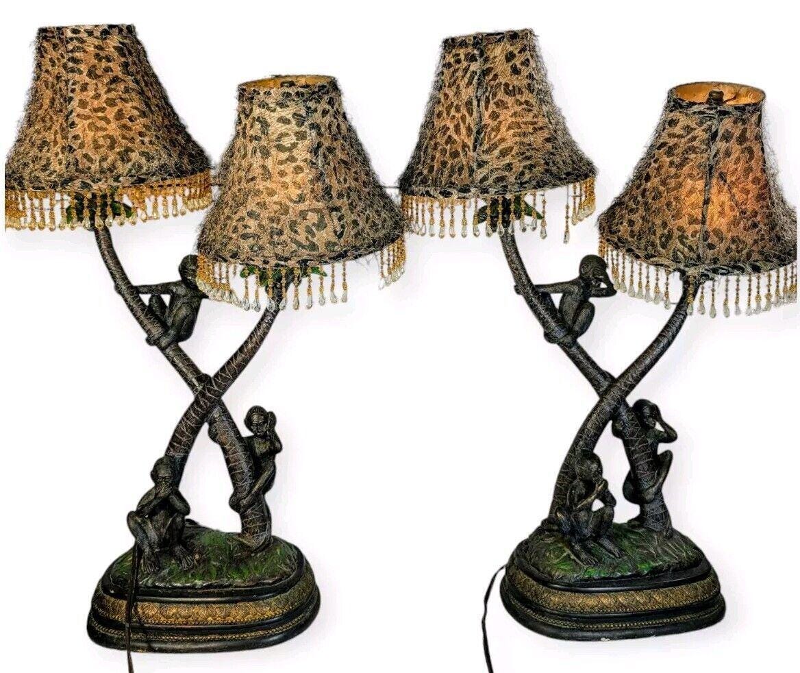 2 Rare Vintage Hear-no See-no Speak-no Evil Jungle Palm Tree Lamp
